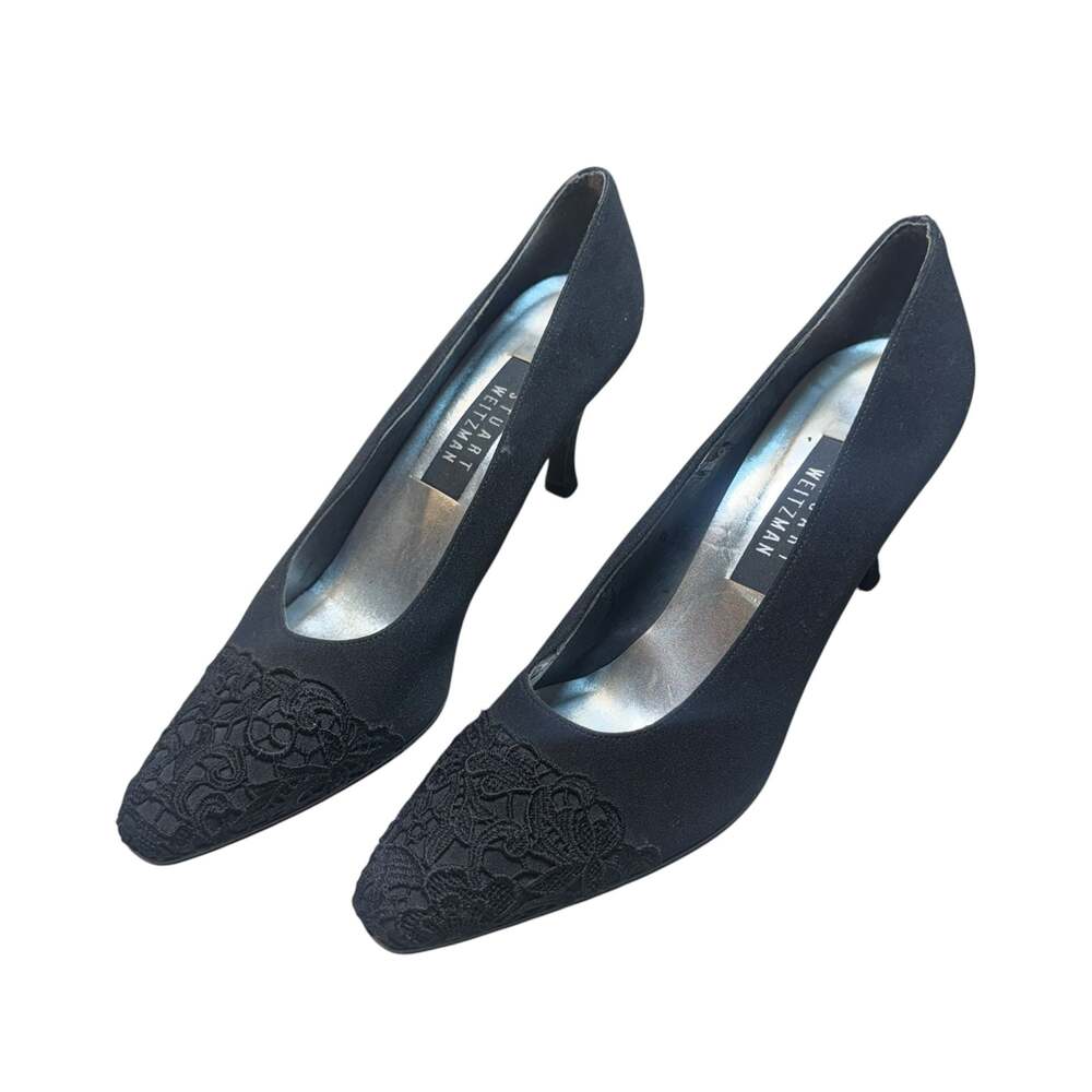 Stuart Weitzman Black Satin and Lace Toe Embellished Pumps Size 7.5 M